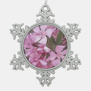 Pink Oleander Rose Laurel Black Outline Art Snowflake Pewter Christmas Ornament