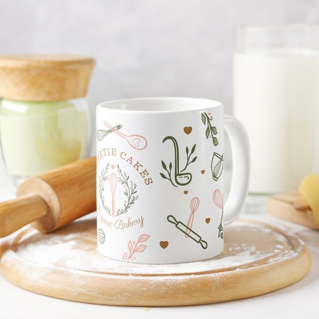 Pink & Olive Green Baking & Cooking Utensil Bakery Coffee Mug (Pink & Olive Green Baking & Cooking Utensil Bakery Coffee Mug)