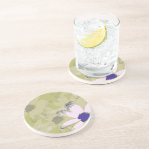 Pink Olive Green Daisy Floral Art Coaster