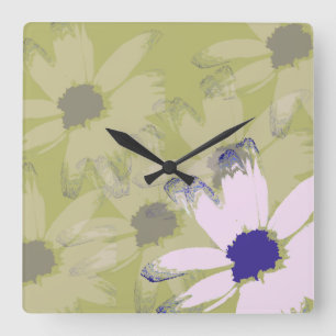 Pink Olive Green Daisy Floral Art Square Wall Clock