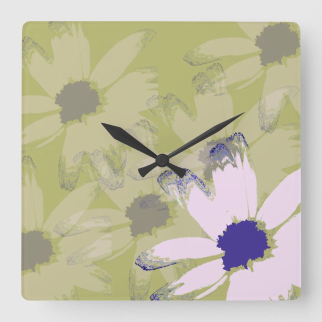 Pink Olive Green Daisy Floral Art Square Wall Clock (Front)