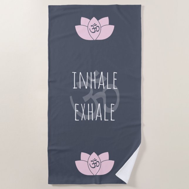 Pink Om & Lotus Flower Inhale Exhale Beach Towel (Front)