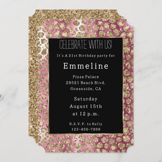 Pink Ombre Black Gold Glam Glitter Leopard Invitation (Front/Back)