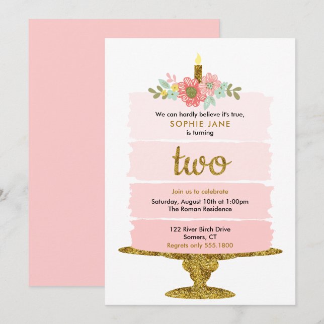 Pink Ombre Cake 2nd Birthday Glitter Two  Invitation (Front/Back)