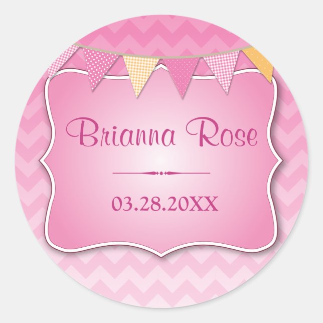 Pink Ombre Chevron Baby Name Classic Round Sticker (Front)