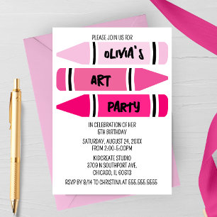 Pink Ombre Crayons Art Birthday Party Invitation