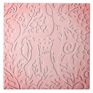 Pink Ombre Deer Fawn Woodland Embossed Floral Ceramic Tile