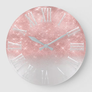 Pink Ombre Glitter effect White Spark Princess Large Clock