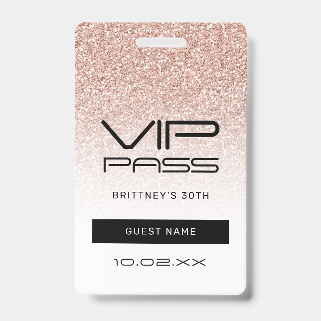 Pink Ombre Glitter VIP Pass 30th Party Invitation ID Badge (Front)