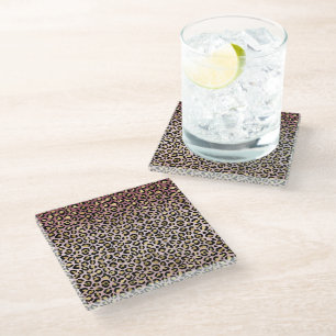 Pink Ombre Gold Black Leopard print Glass Coaster