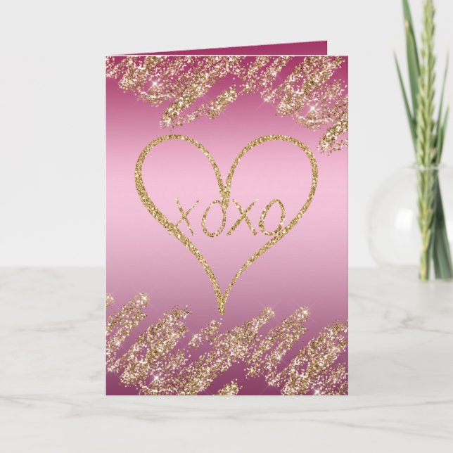 Pink Ombre Gold Glitter Heart Card (Front)