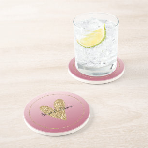 Pink Ombre Gold Glitter Heart Coaster