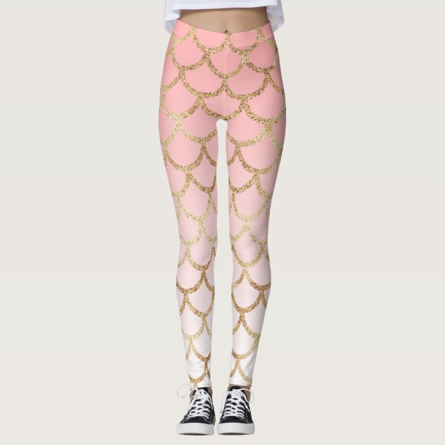 Pink Ombre Gold Glitter Mermaid Scales Leggings (Front)
