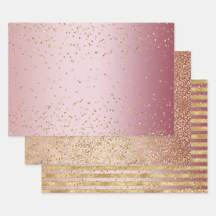 Pink Ombre Gold Glitz Sparkle Stripes Leopard    Wrapping Paper Sheet