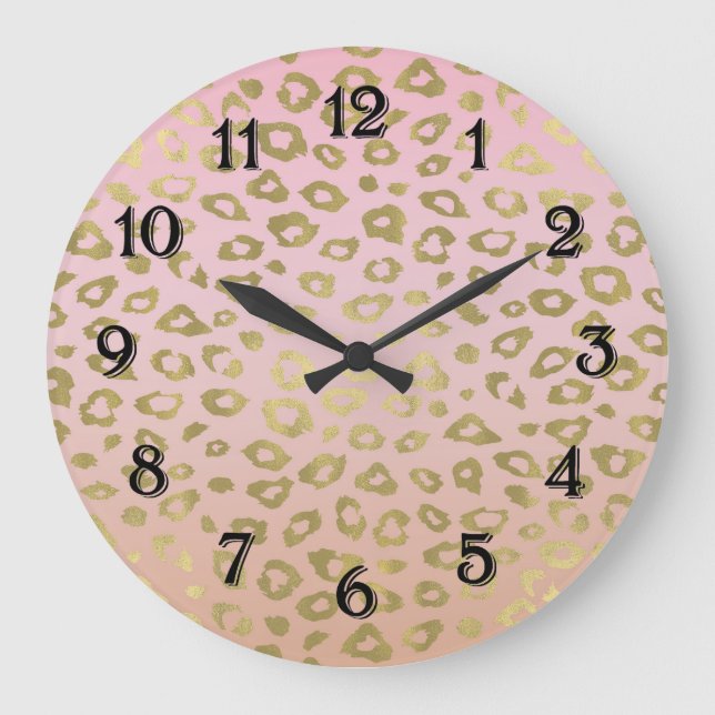 Pink Ombre Gold Leopard Print Large Clock (Front)