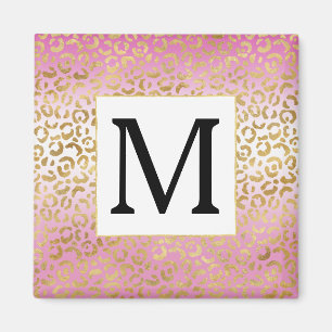 Pink Ombre Gold Leopard Print Monogram Magnet
