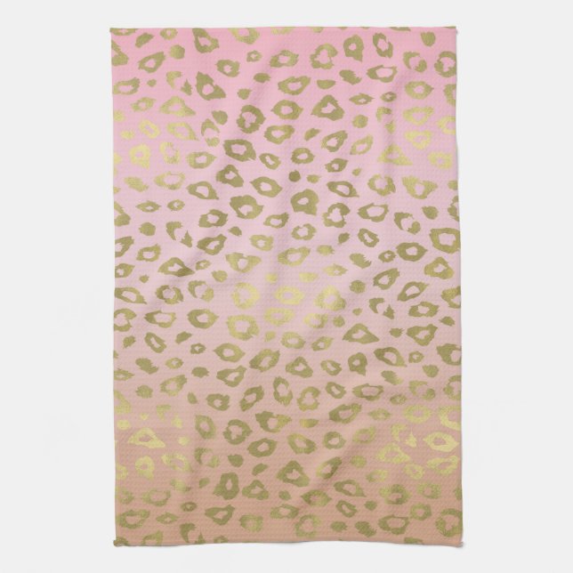 Pink Ombre Gold Leopard Print Tea Towel (Vertical)
