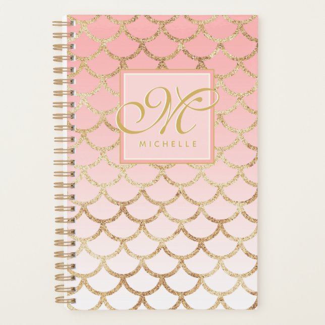 Pink Ombre Gold Mermaid & Script Monogram Planner (Front)