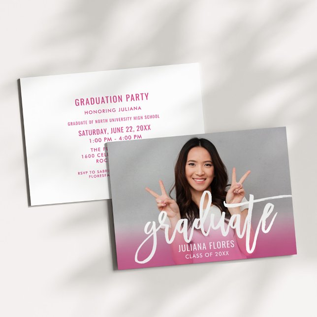 Pink Ombre Graduate Brush Photo Graduation Party Invitation (Creator Uploaded)