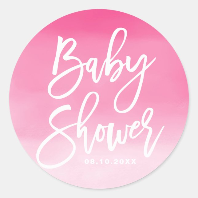 Pink Ombre Hand Lettered Custom Baby Shower Classic Round Sticker (Front)