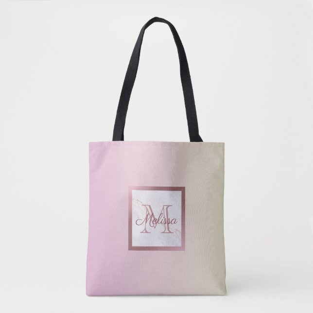 Pink Ombre Marble Rose Gold Monogram Tote Bag (Front)