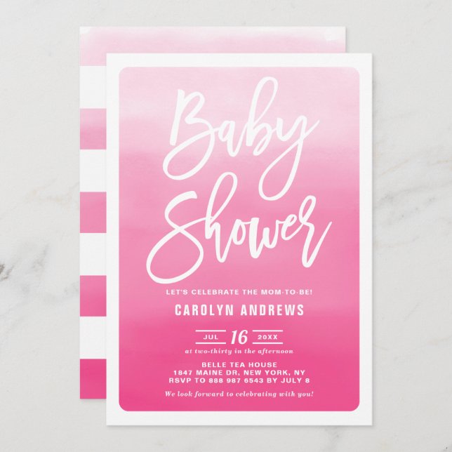 Pink Ombre Modern Calligraphy Baby Shower Invitation (Front/Back)