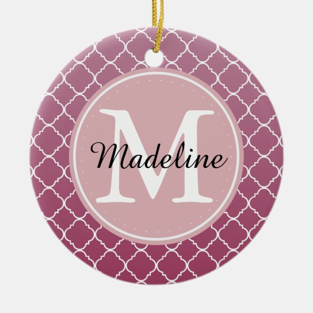 Pink Ombre Quatrefoil Monogram Ceramic Ornament (Front)