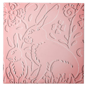 Pink Ombre Rabbit Woodland Embossed Floral Nature Ceramic Tile