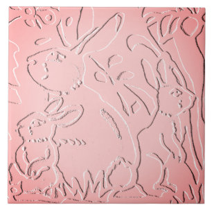 Pink Ombre Rabbit Woodland Embossed Floral Nature Ceramic Tile