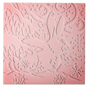 Pink Ombre Rabbit Woodland Embossed Snow Pine Tree Ceramic Tile