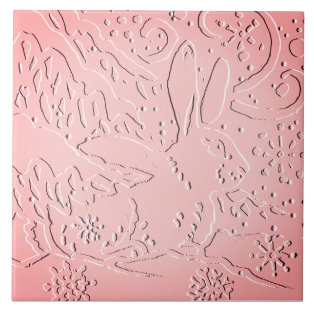 Pink Ombre Rabbit Woodland Embossed Snow Pine Tree Ceramic Tile (Front)