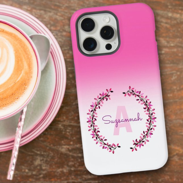 Pink Ombre Wreath Encircled Monogram Name iPhone Case (Looking for a personalized gift ideal? Easy to personalize and available for iPhone & Samsung styles)