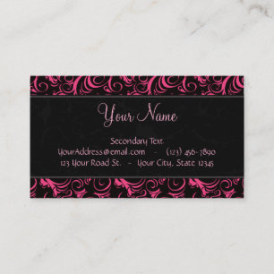 Pink on Black Floral Wisps, Stripes with Monogram Business Card