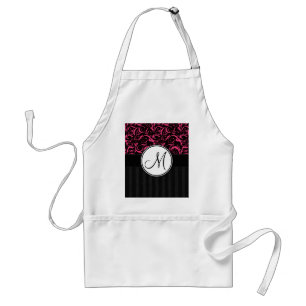 Pink on Black Floral Wisps, Stripes with Monogram Standard Apron