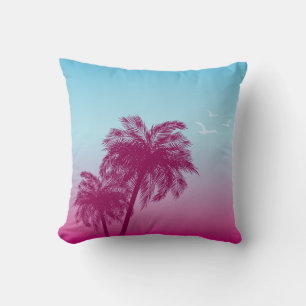 Pink On Blue Palm Tree Silhouettes Tropical Summer Cushion