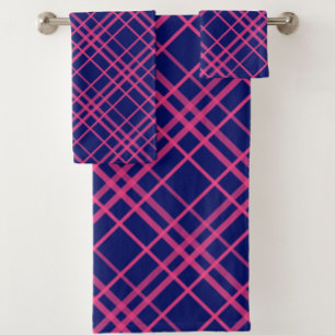Pink On Blue Plaid Lines Design Bath Towel Set