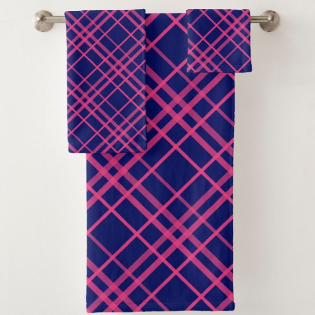 Pink On Blue Plaid Lines Design  Bath Towel Set (Creator Uploaded)
