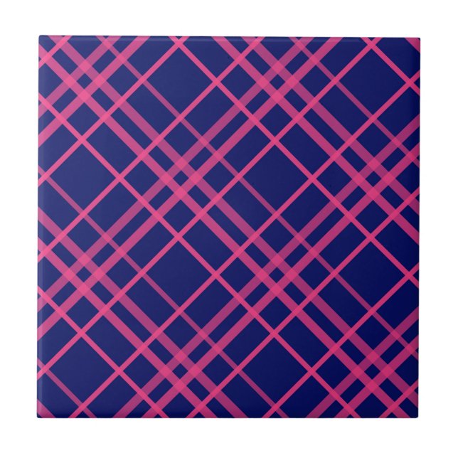 Pink On Blue Plaid Lines Design  Ceramic Tile (Front)