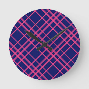 Pink On Blue Plaid Lines Design  Round Clock