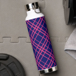 Pink On Blue Plaid Lines Design Water Bottle