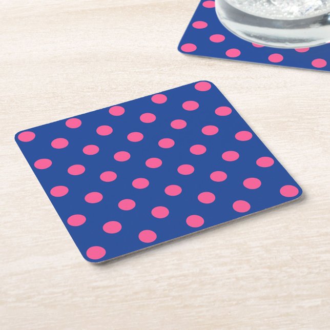 Pink On Blue Polka Dots Pattern Design Square Paper Coaster (Creator Uploaded)