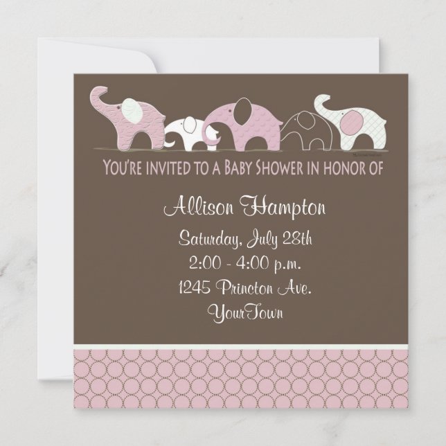 Pink on Brown Elephant Baby Shower Invitations (Front)