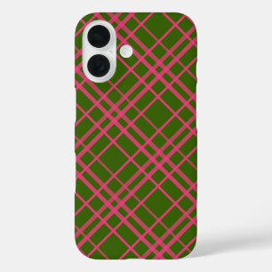 Pink On Green Plaid Lines Design iPhone 16 Case