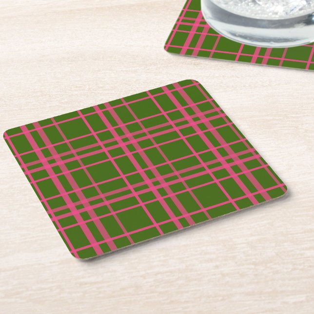 Pink On Green Plaid Lines Design  Square Paper Coaster (Creator Uploaded)