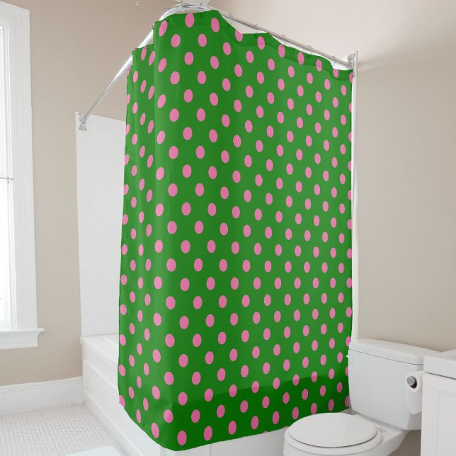 Pink On Green Polka Dots Pattern Design  Shower Curtain (Creator Uploaded)
