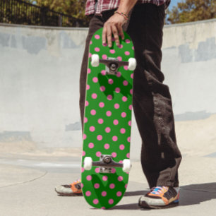 Pink On Green Polka Dots Pattern Design  Skateboard