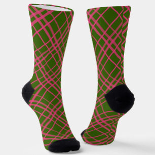 Pink On Green Tartan Plaid Pattern Design  Socks
