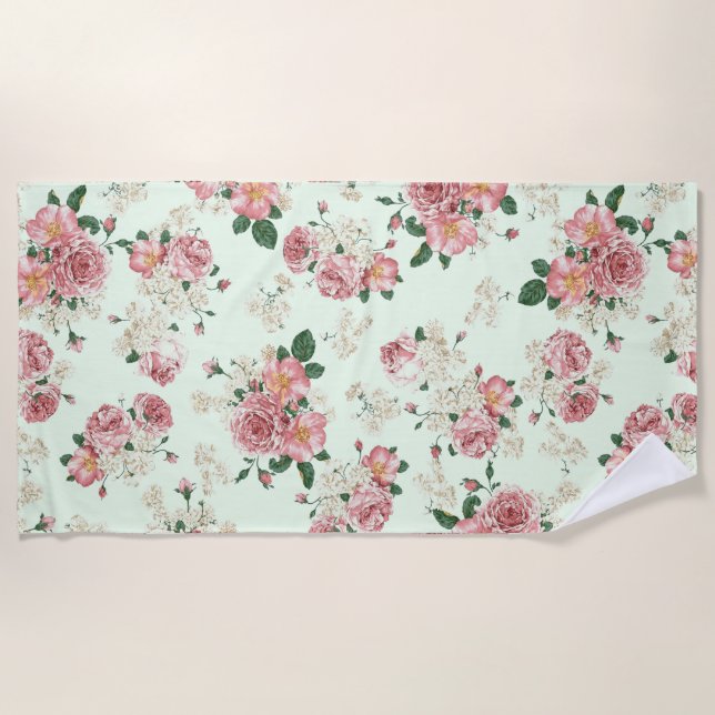 Pink on Green Vintage Floral Beach Towel (Front)