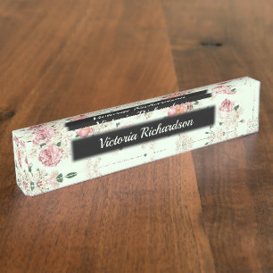 Pink on Green Vintage Floral Nameplate