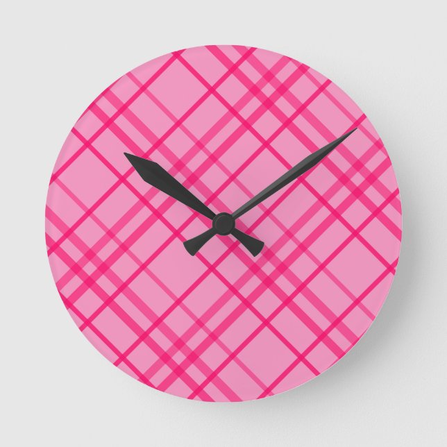Pink On Pink Grid Line Plaid Design  Round Clock (Front)